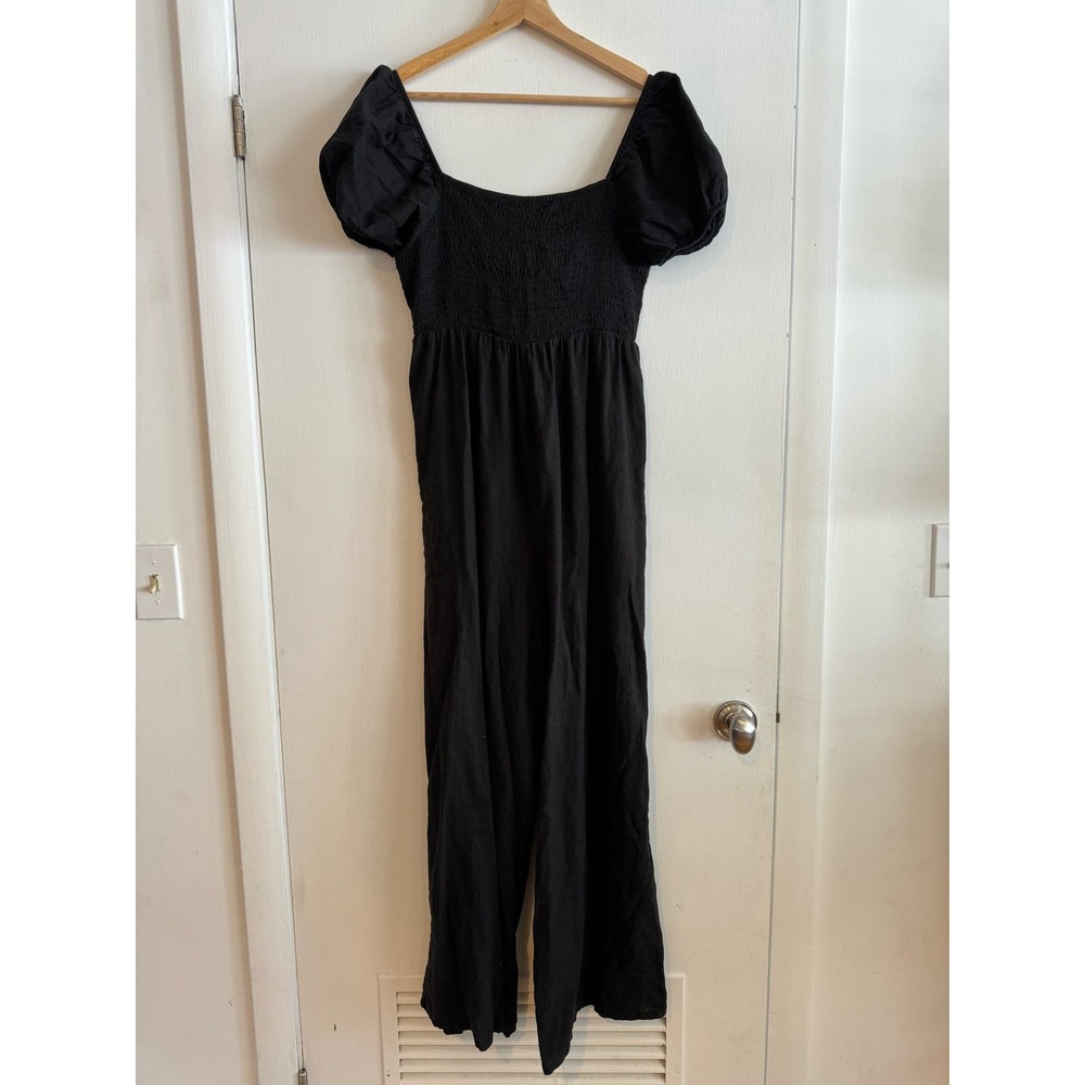 Linen Blend Reversible black romper tie front or back keyhole wide leg ruched XL
